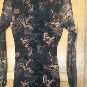 PrettyLittleThing Black Mesh Renaissance Print Bodycon Dress